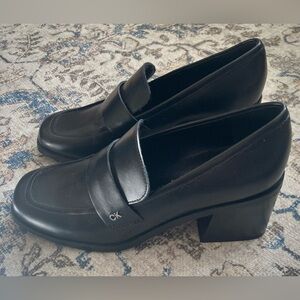 Calvin Klein Black Vegan Leather Block Heel Loafers